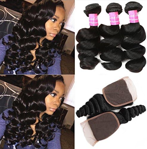 Mink Hair 7A Loose Wave Bundles with Closure (20 22 24 26+18) Unprocessed Brazilian Weave Hair Human Bundles with 4x4 Closure Free Part Natural Color
