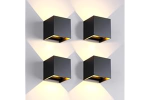 Mille Lucciole 4 Pack Outdoor Wall Lights Exterior/Interior LED Wall Sconces IP65 Waterproof Square Aluminum Wall Lamps Outdoor Lighting Fixture Up and Down Lights Modern Black 12W 3000K Warm Lights
