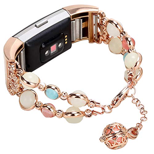 Imymax for Fitbit Charge 2 Bands Bracelet Adjustable Wristband Handmade Night Luminous Pearl Charge 2 Bracelet with Essential Oil/Perfume Storage Pendant for Women/Girls (Rose Pink)