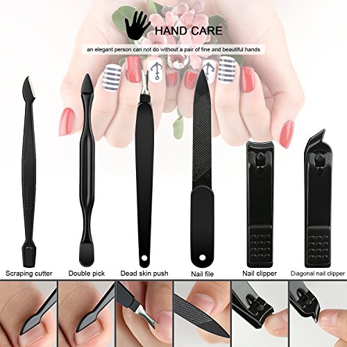 Manicure Pedicure Suit Kit - 18 PCS Black Stainless Steel Matte Nail Clippers Set, 18 in 1 Professional Grooming Kit with Toenail Nipper, Nail Tools with Black Travel Case, Facial Care Tools - Thumbnail 3