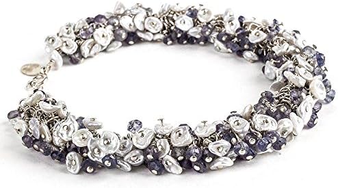 Big Wire Wrapped Purple Cluster Bracelet in Sterling Silver with Purple Iolite and White Keshi Pearl gemstones