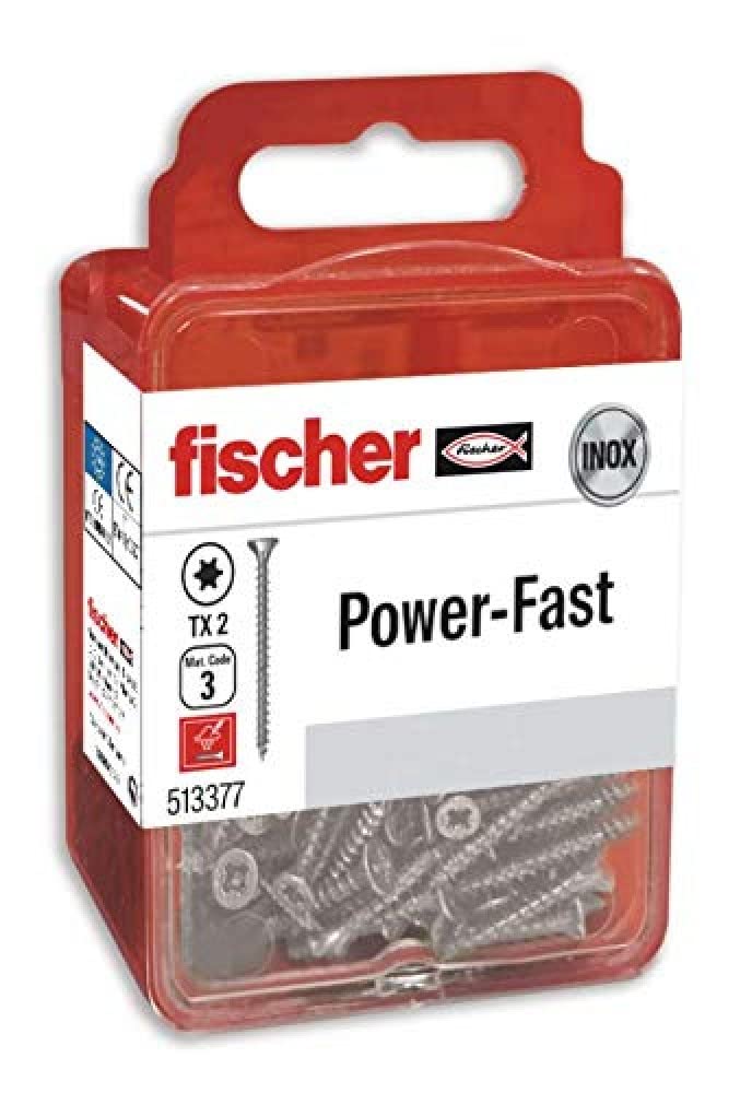 fischer Power-Fast Box of Special Wood Screws 4 x 30 mm for Wood Screwing, Connecting Solid Woods or Fixing Parts to Wood, 15 Pieces