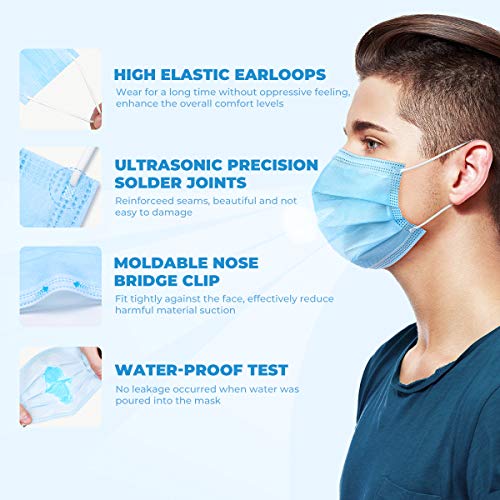 ZUBREX Disposable 3 Ply Face Mask - with Nanofiber Filter Lining - and Elastic Earloops, Blue - 50 Pcs