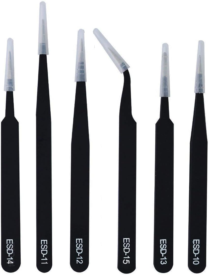 Laprite 6 PCs Stainless Steel Tweezer Set, Anti-static ESD Tweezers with Non Magnetic Tips for Electronics Repair, Soldering, Crafting and Jewelry
