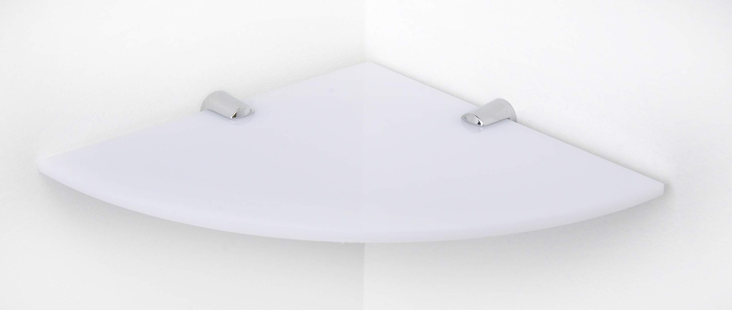 BSM Marketing Wall Mounted Floating Acrylic Corner Shelf with Chrome Supports available in Clear, Black and White (White, 150mm x 150mm)