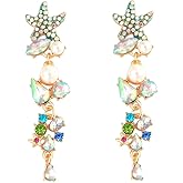 Rhinestone Starfish Ocean Sea Statement Dangle Earrings for Women Gold Plated Fashion Long Teardrop Shell Pearl Colorful CZ Charms Drop Dangling Stud Lightweight Beachy Jewelry