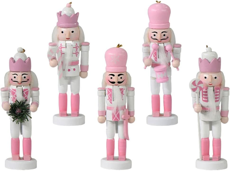 Nutcrackers - 5pcs Christmas Wooden Nutcracker Figurines Pink Soldier Nutcracker Puppet Statue Wood Nutcracker Figures Collectible for Christmas Table Centerpieces Decor