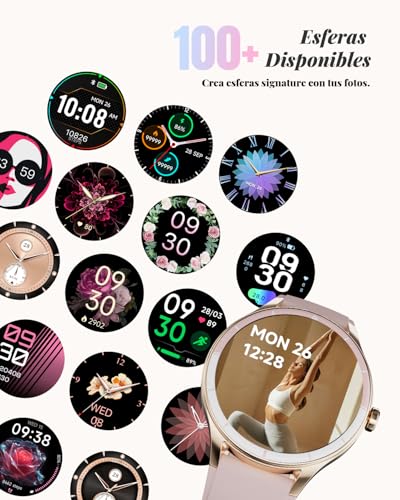 TOOBUR Women's Round Smartwatch, 40 mm Sports Smartwatch, Calorie Step Counter, Compatible Android iOS, Answer/Make Calls, Women's Health Watch, IP68 Waterproof, Pink