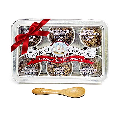 The Smoked Sea Salt Sampler - Perfect as a Gift Set - Reusable Tins & Bamboo Spoon - Alderwood, Cherrywood, Bacon, Bacon Chipotle, Garlic Onion, Garlic Salts - 1/2 oz. each, 3 total oz.