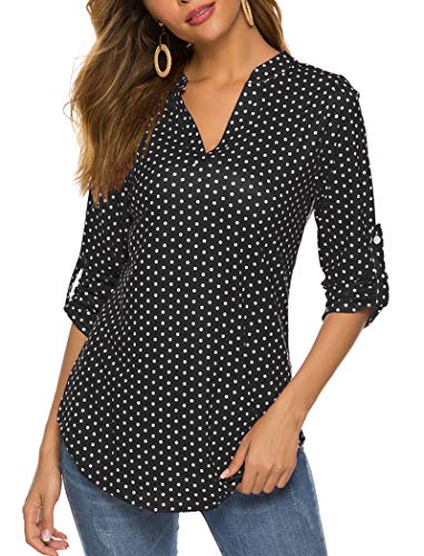 Halife Women's Long Sleeve Floral V Neck Tops Casual Tunic Blouse Loose Shirt Black3 S