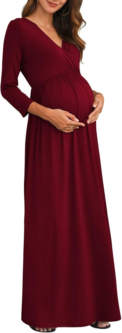 Xpenyo Women's Casual Maternity Maxi Dress V Wrap Baby Shower Pregnancy Dresses at  Women’s Clothing store