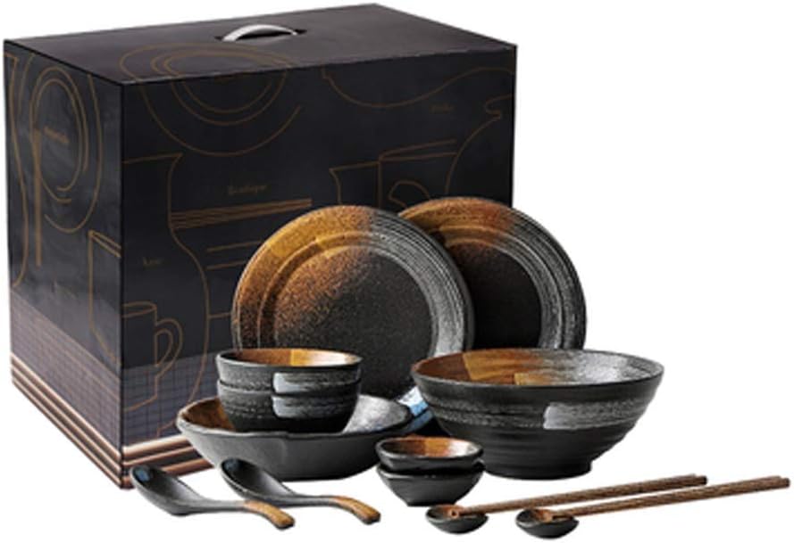 Retro Japanese Tableware Sets,Matte Texture Bowls/Plates/Dishes For 2-6 People,Black Tableware (Size : 14 pieces+Gift box)