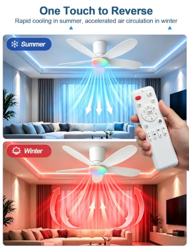 AILRINNI 107CM Ceiling Fan with RGB Light, Low Profile Recessed Ceiling Fan, Remote Control and APP, 5 Reversible Blades, RGB+3 Colour Temperatures, Dimmable LED Fan for Living Room Bedroom