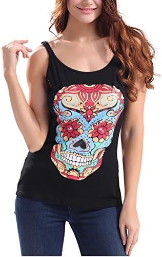 Women Cotton Skull Floral Print Lace Joint Tank Top Vest Sleeveless Black T-shirt (S (US 4))