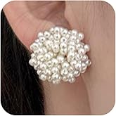 Statement Vintage Pearl Beads Cluster Stud Earrings for Women Dainty, Charm Boho Beaded Pearls White Big Round Ball Earring Y2k Party Prom Jewelry Gift