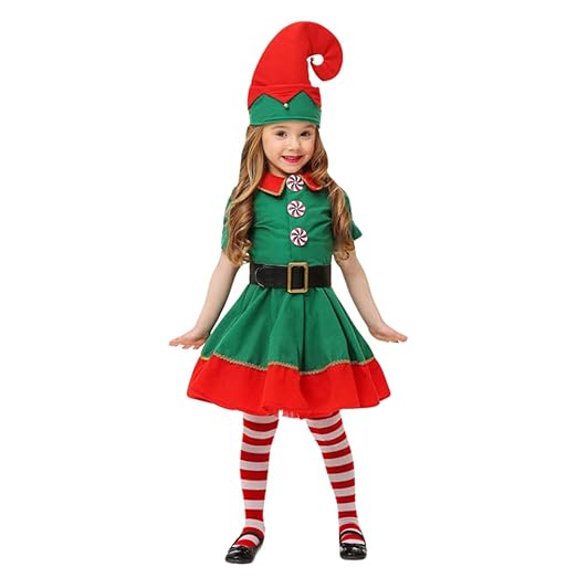 JEELINBORE Unisex Erwachsene Kinder Baby Weihnachten Kostüm Xmas Elf Outfit Weihnachtself Fancy Dress mit Hut
