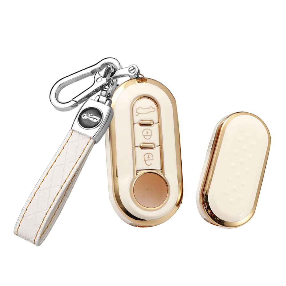 HIBEYO Flip Key Car Key Case Fits Fiat Key Case Silicone Protective Case for Fiat Lancia 500C 500 Doblo Brava Grande Punto Scudo with Key Ring Key Box 3 Buttons White