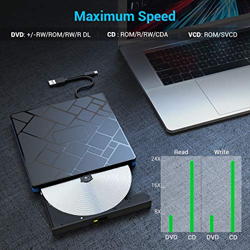 Optical Drive Portable CD DVD Ultra-Thin USB 3.0 External Mobile Optical Drive Notebook DVD RW DVD CD for MacBook Laptop Type C Port CD Driver