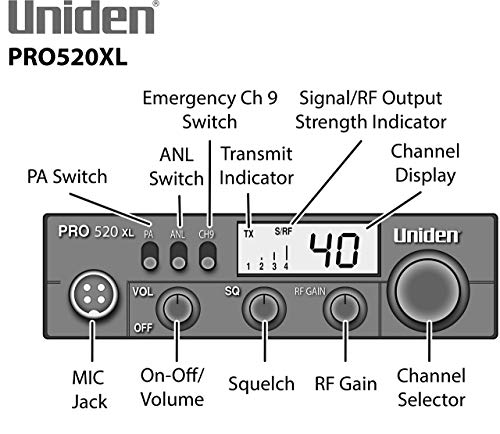 Uniden PRO520XL Pro Series 40-Channel CB Radio. Compact Design. ANL Switch and PA/CB Switch. 7 Watts of Audio Output and Instant Emergency Channel 9. (Renewed)