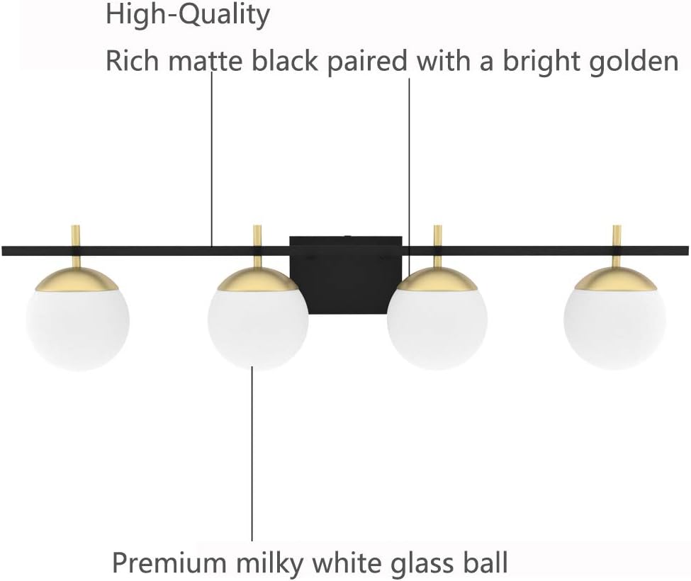 Ralbay Mid Century Modern Wall Light Fixture 4-Light Milky Glass Modern Bathroom Vanity Lights Over Mirror, Black/Golden Modern Vanity Light for Bathroom (Exclude Bulb) - - 