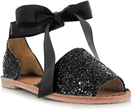 Womens Ladies Girls Glitter Nubuck Diamante Open Toe Bow Detail Ankle Tie Flat Sandals