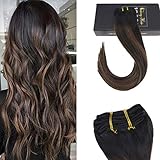 Sunny Remy Balayage Clip Hair Extensions 16 inch Clip in Balayage Human Hair Natural Black Mix Medium Brown Balayage Clip in 7pcs 120 gram