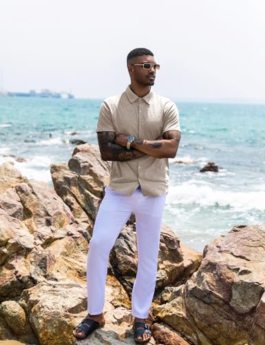 URRU SHORT SLEEVE BUTTON DOWN MUSCLE SHIRTS FOR MEN SUMMER WRINKLE FREE BUSINESS DRESS SHIRT SLIM FIT (KHAKI, X-LARGE)