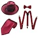 Men's Roaring 1920s Set Manhattan Fedora Hat,Y-Back Suspenders & Pre Tied Bow Tie, Gangster Tie & Fake Mustache (OneSize, Z-Burgundy)