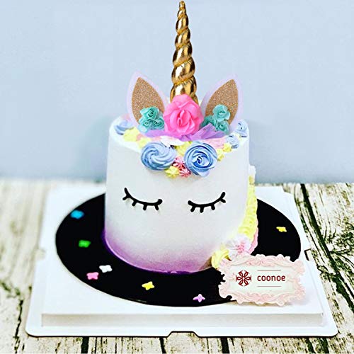 COONOE, Unicorn Cake Topper,Handmade Party Cake Decoration Supplies with multiple Eyelashes,Reuasble Gold Horn for Birthday Party,Baby Shower&Wedding
