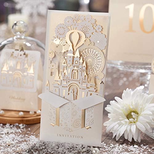 VEMELKA Laser Cut 3D Wedding Invitations Cards Fairy Bridal Shower Invites Cardstock Gold Foil Bride and Groom in Castle for Engagement Party Anniversary Events Supplies (1 Piece, Gold&White)