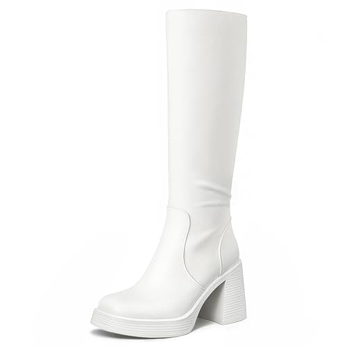 Choiran White Knee High Boots for Women - Platform Tall Boots Square Toe Chunky Block Heeled Gogo Boots W 6