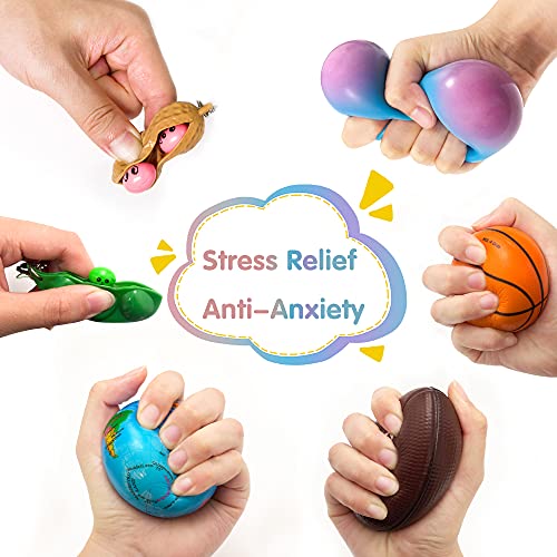 Sensory Toys Set, 34pcs Relieves Stress and Anxiety Fidget Toy for Children Adults, Hand Toys, Soybean Squeeze, Flippy Chain, Sensory Rings, Marble and Mesh, Party Toys, Toy with Storage Box