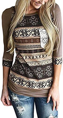 Women 3/4 Sleeve shirt Striped Pattern blouse Front Crochet Pocket Tops (M, Brown)