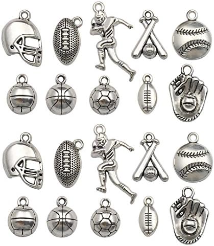 Youdiyla 40Pcs Baseball Football Theme Charms Mixed Antique Silver Rugby Player Bat Glove Metal Alloy Pendants for Jewellery Making DIY Findings WM126
