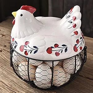 Chicken Egg Basket with Lid, Decorative Egg Holder Wire Basket with Handles and Ceramic Farm Chicken Cover for Home Decor, Egg Gathering Container Countertop Decorations