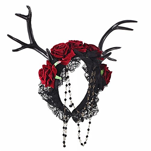 Xiaolanwelc Handmade Steampunk Elk Horn Headbands Rose Lace Veil Deer Antler Headband Fancy Dress Costume Headdress Gothic