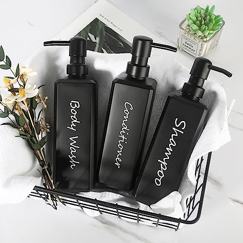 GMISUN Shampoo and Conditioner Dispenser, 17 Fl oz / 500ml Square Shower Gel Dispenser, Refillable Shampoo Bottles, Bathroom Plastic Black Shower Soap Dispensers, Modern Pump Bottle Dispensers 3 Pack