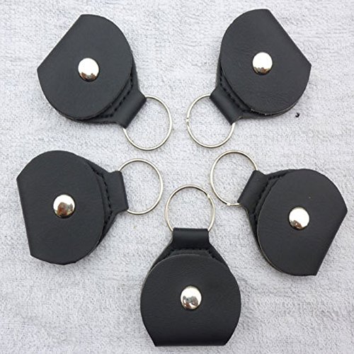 Elrido 5pcs Black Universal Guitar Picks Pocket Holder Leather Case Key Chain Plectrum Cases Bag