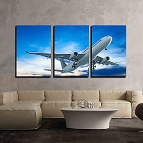 3 Piece Canvas Wall Art - Commercial Airplane Flying at Sunset - Modern Home Art Stretched and Framed Ready to Hang - 16"x24"x3 Panels