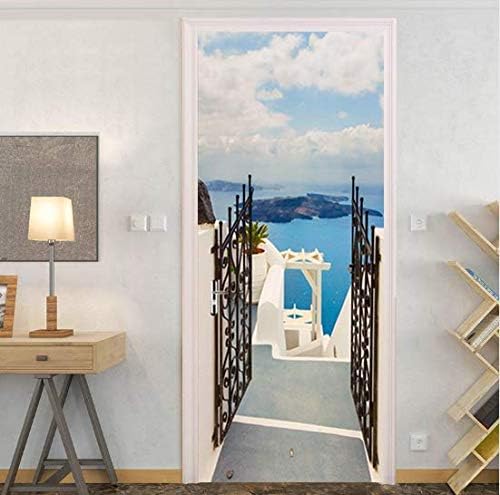 FLFK 3D Aegean Sea Courtyard Door Stickers Self-Adhesive Door Murals Wallpaper for Living Room Bedroom Decoration 30.3x78.7 inch