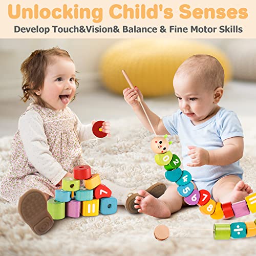 Montessori Wooden Toddlers Toys, Stacking & Lacing Beads & Learn To