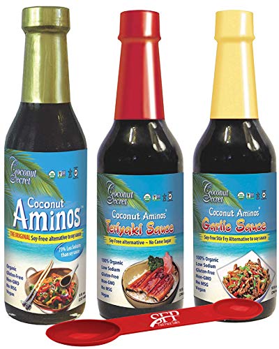 Coconut Secret Variety Pack: (1) COCONUT AMINOS SOY FREE SAUCE, 8 Oz. (1) GLUTEN FREE TERIYAKI SAUCE, 10 Oz., And (1) COCONUT AMINO ORGANIC GARLIC SAUCE MARINADE 10 Oz. BONUS MEASURING SPOON INCLUDED.