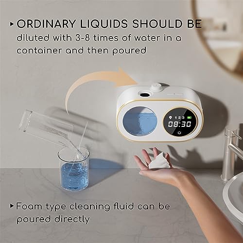 TERRIFI Wall Mount Automatic Foaming Soap Dispenser with Digital LED Clock, 3000mAh Rechargeable, 12oz Capacity, IPX5 Waterproof, Smart Electric Hand Soap Dispenser for Bathroom & Kitchen, White