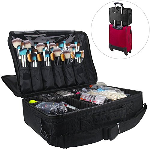 MONSTINA Cosmetic Bags 3 Layer Cosmetic Organizer Makeup Case Beauty Artist Storage Brush Box with Shoulder Strap(L-Black)