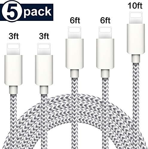 MFi Certified -WUXIAN Phone Charger Cable【5Pack 3FT/3FT/6FT/6FT/10FT】 Extra Long Nylon Braided Fast Charging& Syncing Cord Compatible with iPhone XS/MAX/XR/X/8/8/Plus/7/7 plus/6s/ 6s Plus