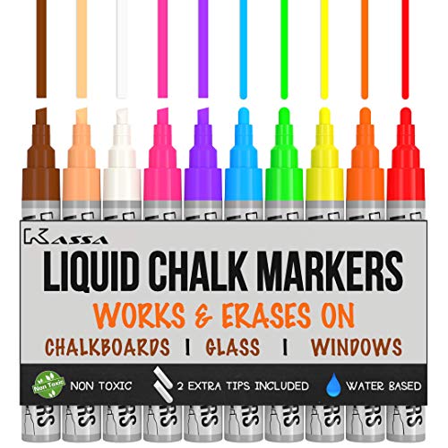 Kassa Liquid Chalk Markers (10 Bright Colored Chalks) - Erasable Chalkboard Marker (Dustless & Non-Toxic) Double Sided Fine Chisel & Broad Bullet Tip - Blackboard Pens Work on Glass Window & Mirror