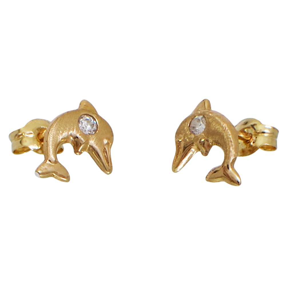 I-be, Dolphin with Zirconia Stud Earrings, 14 Carat 585 Gold, 7 x 8 mm, in Gift Box