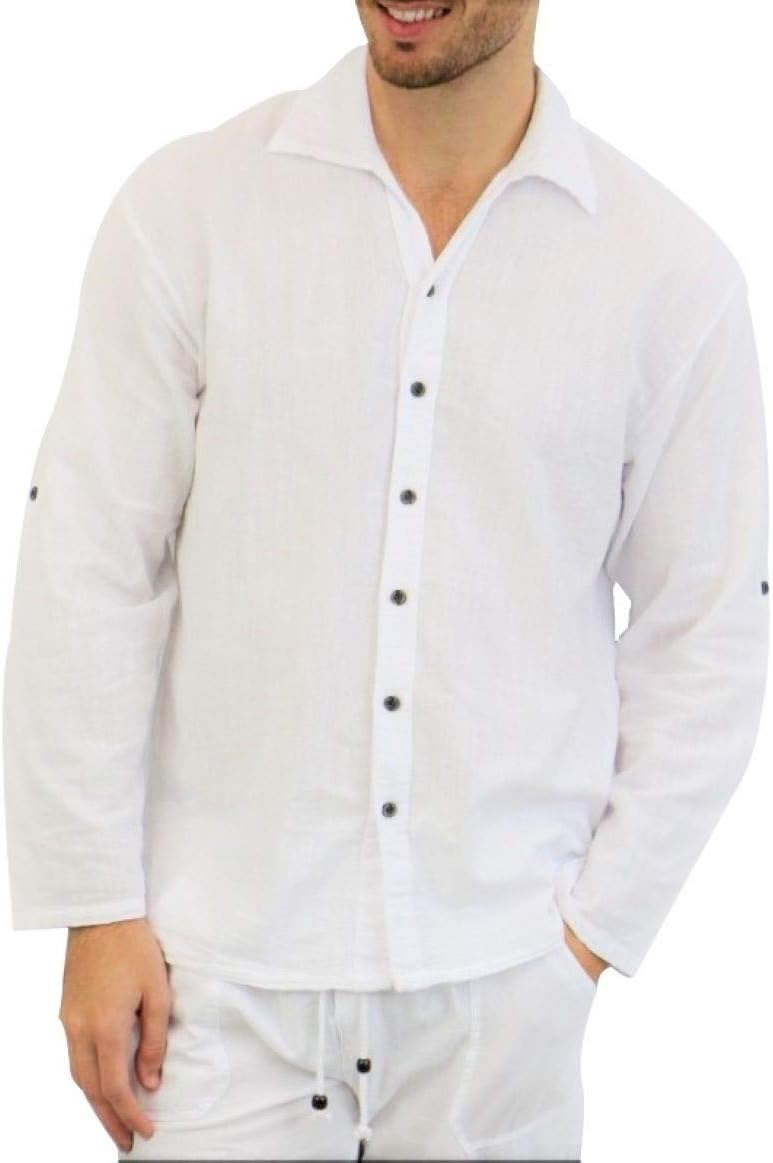 Men's White Shirt- 100% Cotton Casual Hippie Shirt Long Sleeve Beach Yoga Top | The Perfect Summer Shirts for Men