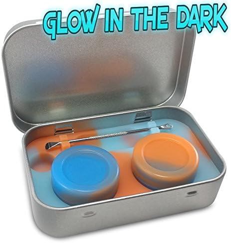 DAB Wax discrete Tin, 2-5ml Silicone Dab Container Jars, Stainless Steel Wax Dabber - FREE extra dabbing tool and carrying case (Orange Blue Glow)