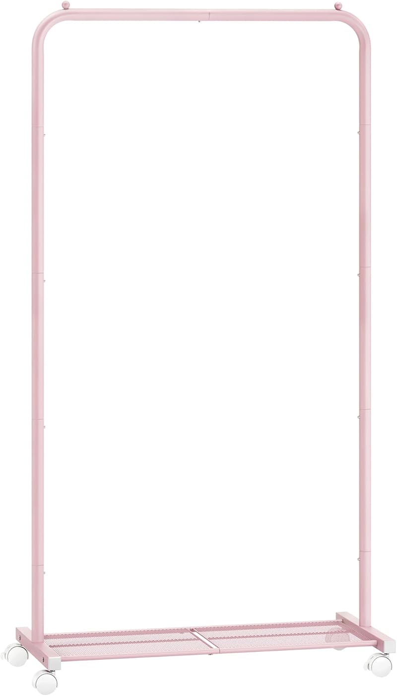 SONGMICS Clothes Rack on Wheels 74 cm Long with Storage Shelf Jelly Pink